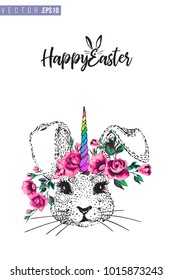 Easter greeting card with bunnycorn (bunnny unicorn) and text: happy Easter. Hand drawn illustration with paschal lettering. Spring poster for pre-Easter and post-Easter congratulations.