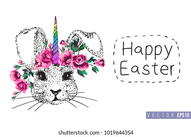 Easter greeting card with bunnycorn (bunnny unicorn) and text: happy Easter. Hand drawn illustration with paschal lettering. Spring poster for pre-Easter and post-Easter congratulations.