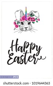 Easter greeting card with bunnycorn (bunnny unicorn) and text: happy Easter. Hand drawn illustration with paschal lettering. Spring poster for pre-Easter and post-Easter congratulations.