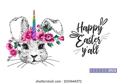 Easter greeting card with bunnycorn (bunnny unicorn) and text: happy Easter. Hand drawn illustration with paschal lettering. Spring poster for pre-Easter and post-Easter congratulations.