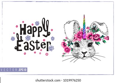 Easter greeting card with bunnycorn (bunnny unicorn) and text: happy Easter. Hand drawn illustration with paschal lettering. Spring poster for pre-Easter and post-Easter congratulations.