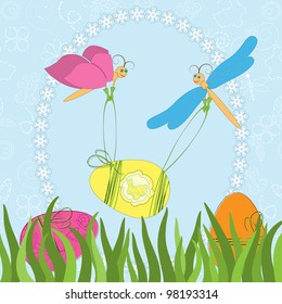 Easter greeting card with butterfly and dragonfly