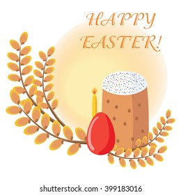 Easter greeting card with Easter cakes, eggs, willow, candles. Traditional Orthodox Easter symbols.