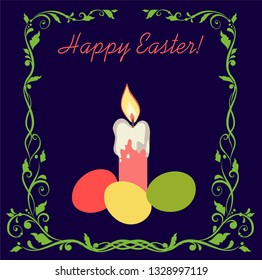 Easter greeting card with candle, painted eggs and floral vignette on dark background