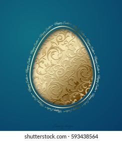 Easter greeting card with caper cut egg golden floral pattern. Turquoise background. Happy Easter text around.