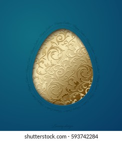 Easter greeting card with caper cut egg golden floral pattern. Turquoise background. Happy Easter text around