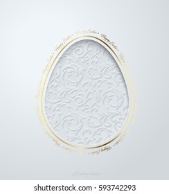 Easter greeting card with caper cut egg floral pattern. White background with golden elegant Happy Easter text around