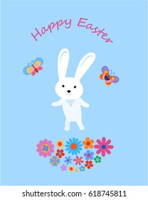 Easter greeting card with cartoon baby hare, butterflies and flowers 