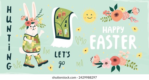 Easter greeting card with cartoon bunny in camouflage and boots.Handwritten Let's go hunting,local map,sun and floral composition.Hand drawn banner with cute character and spring isolated elements.