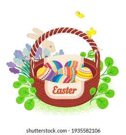 Easter greeting card, cartoon vector illustration with flowers, rabbit, butterflies and painted eggs in a basket. Cute spring colorful design.