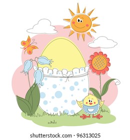 Easter greeting card with cheerful chicken