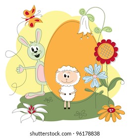 Easter greeting card with cheerful rabbit and lamb