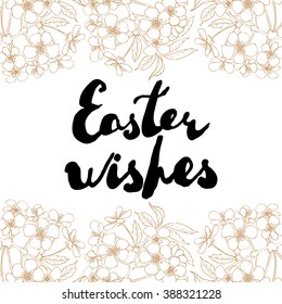 Easter greeting card. Cherry blossoms with handwritten text "Easter wishes" isolated on white background. Vector illustration.