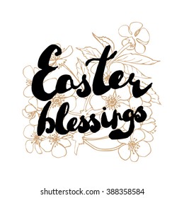 Easter greeting card. Cherry blossoms with handwritten text "Easter blessings" isolated on white background. Vector illustration.
