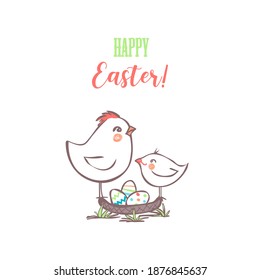 Easter greeting card. Chicken with chick on the nest with easter eggs on a white background.