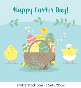 Ostergrußkarte mit Huhn, Eierkorb, Blumen. Illustration zur religiösen Vektorillustration von Feiertagen. für ein Poster, eine Karte, eine Einladung oder ein Banner. Herzlichen Glückwunsch zu dem Urlaub. 