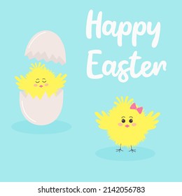 Tarjeta de saludo de Pascua con pollo eclosionando con el huevo y una linda chica amarilla esponjosa con el arco rosado. Ilustración vectorial.