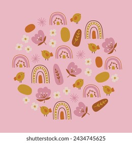 Easter greeting card with chicken, rainbows, flowers and abstract shapes on pink background. Circle ornament. Perfect for spring and summer holidays