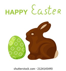 Easter greeting card, chocolate bunny and green egg, flat vector illustration