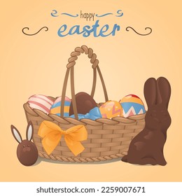 Easter greeting card with chocolate eggs and bunny