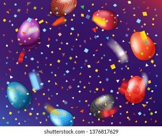 Tarjeta de saludo de Pascua con huevos de color y confidencia en caída. Ilustración del vector