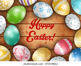 Easter greeting card with color eggs on a wooden background.Vector
