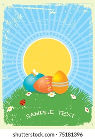 Easter greeting card with color eggs.Vector vintage background