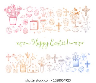 Easter greeting card with colored easter doodles on white background.