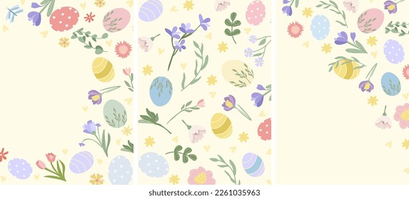 Easter greeting card with colorful, bright Easter eggs, spring flowers and leaves. Bright illustrations are ideal for banners, cards, posters, stickers. Vector illustration.