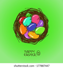 Easter greeting card with colorful cartoon eggs in bird nest