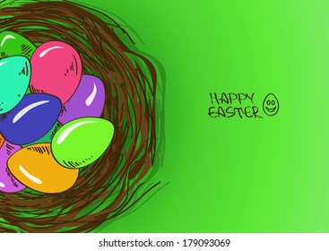 Easter greeting card with colorful cartoon eggs in bird nest