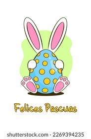 Easter greeting card. Colorful Easter egg with bunny. Happy Easter yellow lettering in Spanish (Felices Pascuas). Cartoon. Vector illustration. Isolated on white background