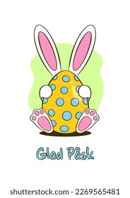 Easter greeting card. Colorful Easter egg with bunny. Happy Easter blue lettering in Swedish (Glad Påsk). Cartoon. Vector illustration. Isolated on white background