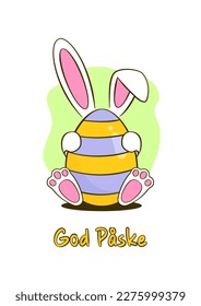 Easter greeting card. Colorful Easter egg with bunny. Happy Easter yellow lettering in Danish (God Påske). Cartoon. Vector illustration. Isolated on white background