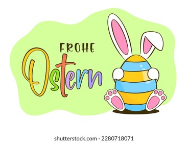 Ostergrußkarte. Farbiges Osterei mit Hase. Fröhliche Osterschrift auf Deutsch (Frohe Ostern). Cartoon. Vektorgrafik. Einzeln auf weißem Hintergrund