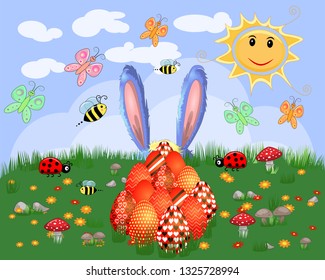 Easter greeting card with colorful eggs lying on green grass. Design element, greeting card template