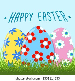 Easter greeting card with colorful Easter eggs on green grass. Template for Easter banner design. Vector illustration.