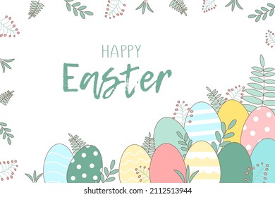 Easter greeting card with colorful eggs and spring twigs