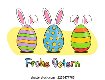 Tarjeta de felicitación de Pascua. Huevos coloridos de Pascua con orejas de conejito. Felices letras de colores de Pascua en alemán (Frohe Ostern). Caricatura. Ilustración vectorial. Aislado sobre fondo blanco