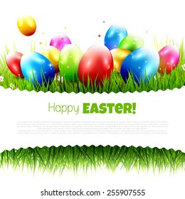 Easter greeting card with colorful eggs in the grass and with place for your text. Isolated on white background