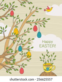 Easter Greeting Card With Colorful Eggs On Branches