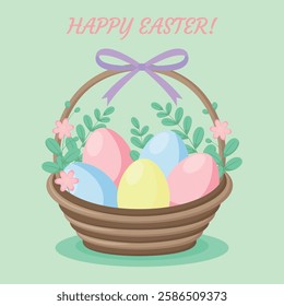 Easter greeting card with colorful eggs in basket with pink flowers and green leaves on a light green background. Happy Easter!