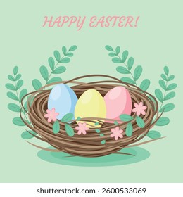 Easter greeting card with colorful eggs in bird nest with pink flowers and green leaves on a light green background. Happy Easter! Vector illustration.