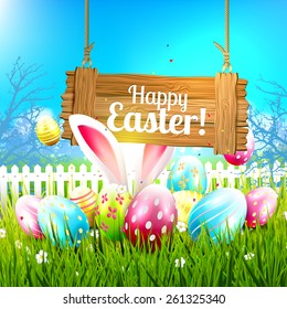Easter greeting card with colorful eggs and wooden sign