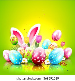 Easter greeting card with colorful eggs and bunny ears on green background