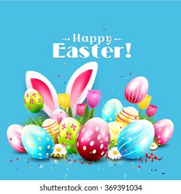 Easter greeting card with colorful eggs and bunny ears on blue background