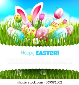 Easter greeting card with colorful eggs and bunny ears in the grass