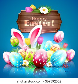 Easter greeting card with colorful eggs and wooden sign on blue background