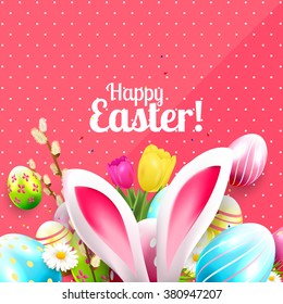 Easter greeting card with colorful eggs and bunny ears on pink background