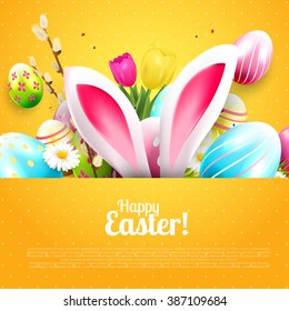 Easter greeting card with colorful eggs and bunny ears on orange background